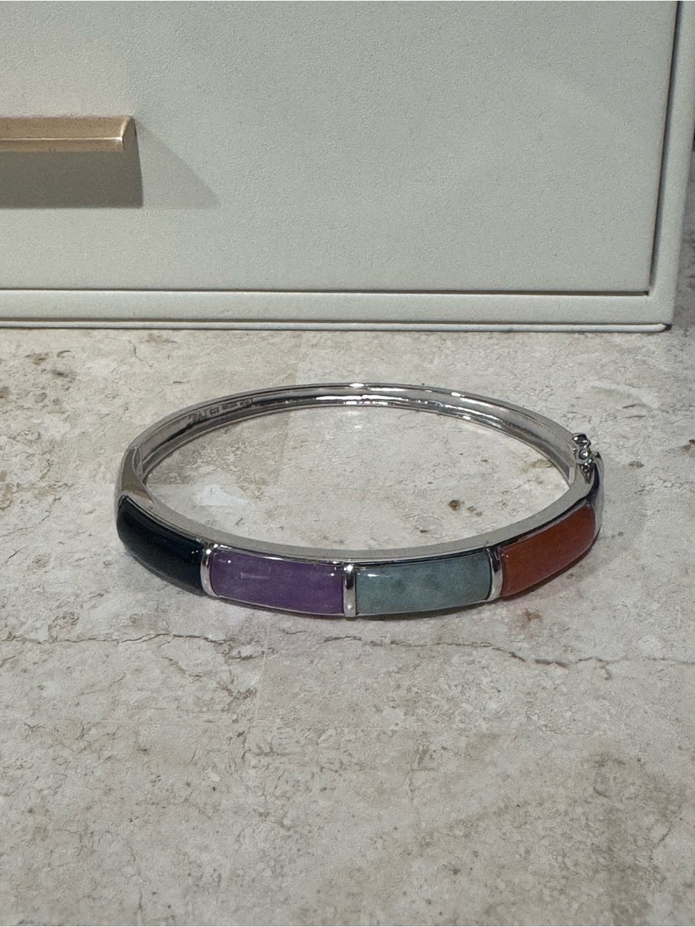 Multicolor Stone Inlay Silver Bangle Bracelet - Women Jewelry